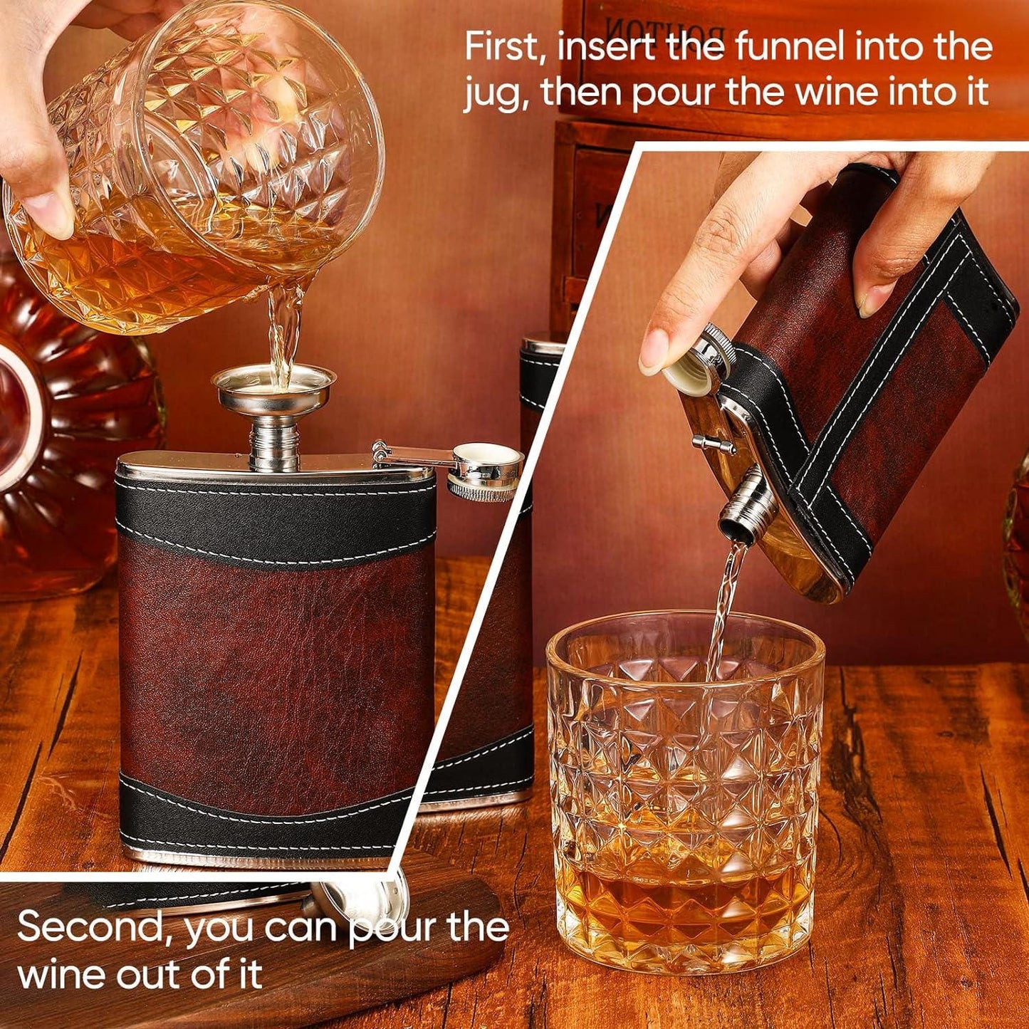 Fishing Hunting American Flag 8oz Flask, Engraved Whisky Flask, Fine Leather Stainless Steel Hip Flask, Funnel Included, Liquor Flask