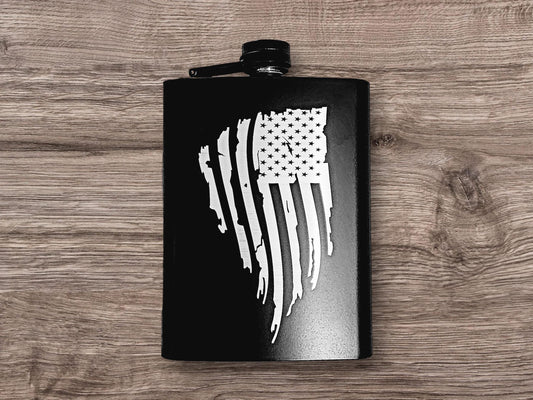 Distressed Flag 8oz Flask, Engraved Whisky Flask, Matte Black Stainless Steel Hip Flask, Funnel Included, Liquor Flask, Drink Flask