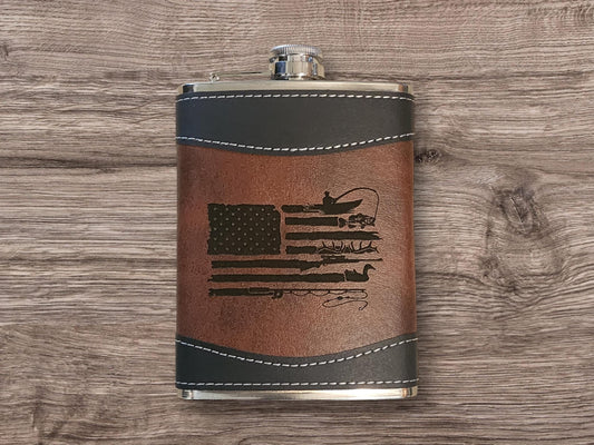 Fishing Hunting American Flag 8oz Flask, Engraved Whisky Flask, Fine Leather Stainless Steel Hip Flask, Funnel Included, Liquor Flask